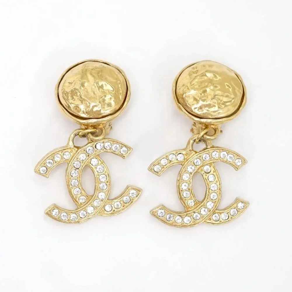 CHANEL CC Logos Rhinestone Round Drop Earrings Gold Tone Auth w/Box #22400 - Picture 3 of 6